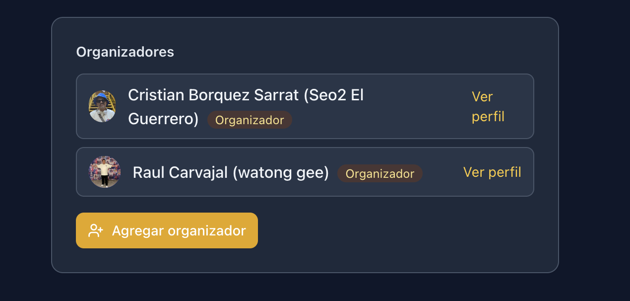 Organizers section with Add organizer button