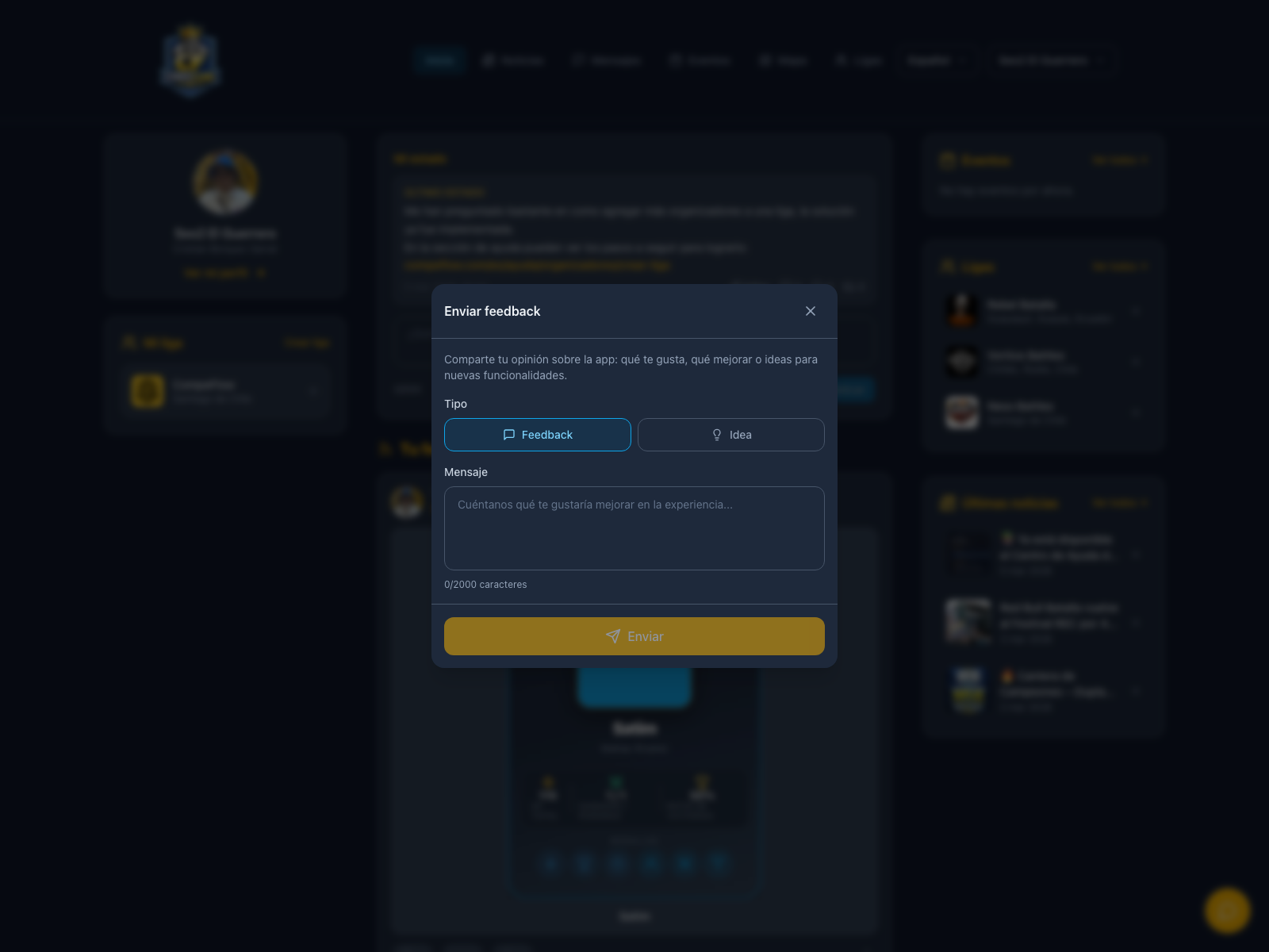 Modal para enviar feedback o ideas desde la web