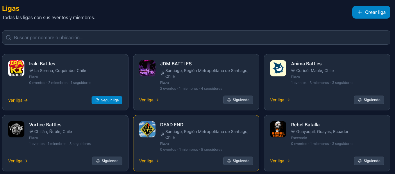 Listado de ligas con botones Seguir liga y Ver liga