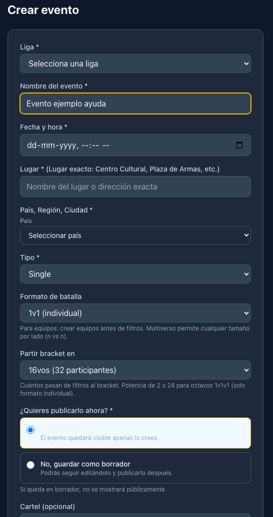 Formulario Crear evento con campos de liga, nombre, fecha, tipo y publicación